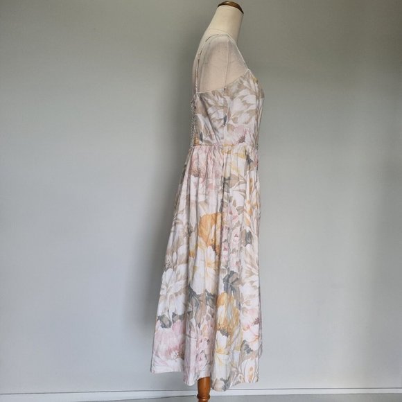 H&M Mulitcolour Floral Linen Blend A-Line Midi Dress Size 12 - Picture 4 of 8